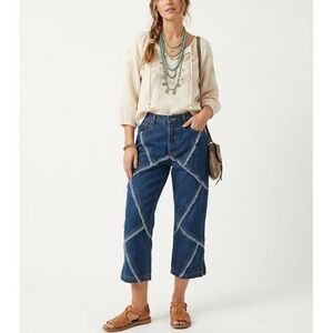 Vintage Juke Box sz 9/10 Blue Medium Wash Y2K Patchwork Boho Bootcut Crop Jeans